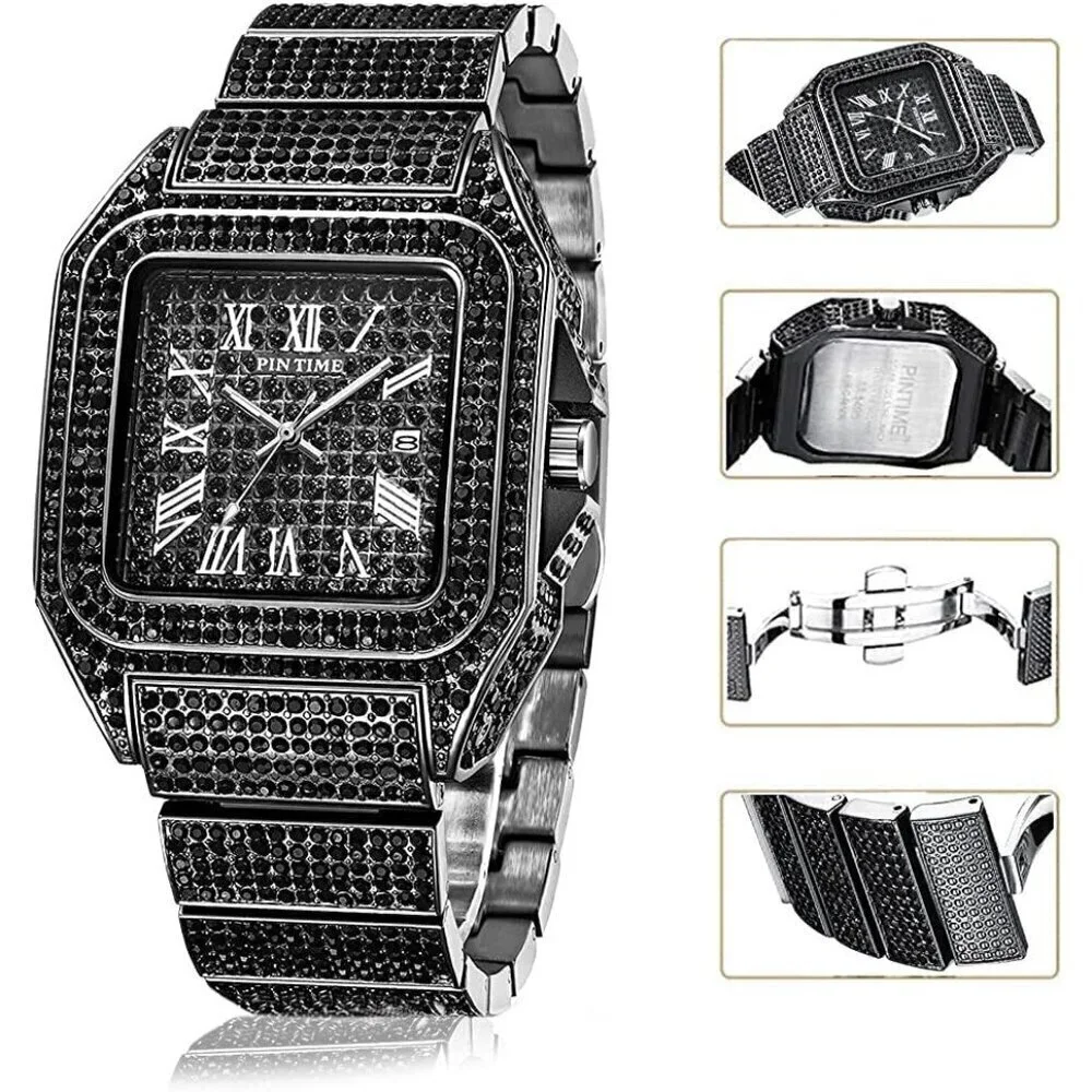 🆕Gosasa Analog Quartz Men Black Fashion Crystal Stainless Bracelet Wristwatch